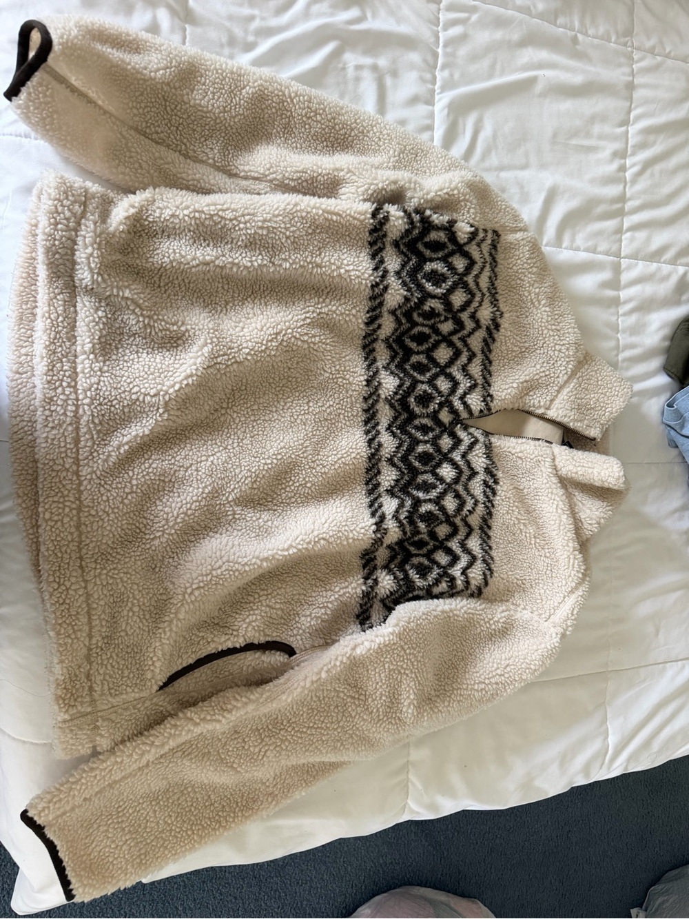 Banana Republic Cream Sherpa Zip-Neck Sweater with Black Geometric Yoke
